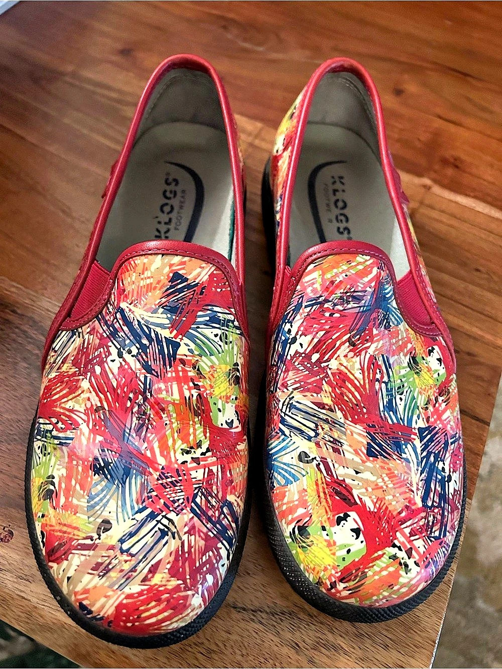 Klogs Moxy Abstract Slip-On Shoes in Red & Multicolor